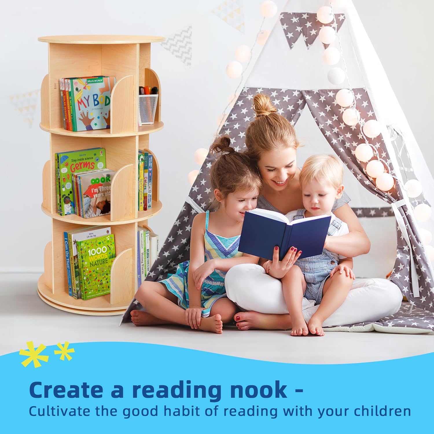 OOOK Kids Rotating Bookshelf Tower, 3 Tier Spinning Floor Standing Montessori Bookshelf Storage Rack, Large Chassis 360 Display for Small Space, Kids Room, Nursery