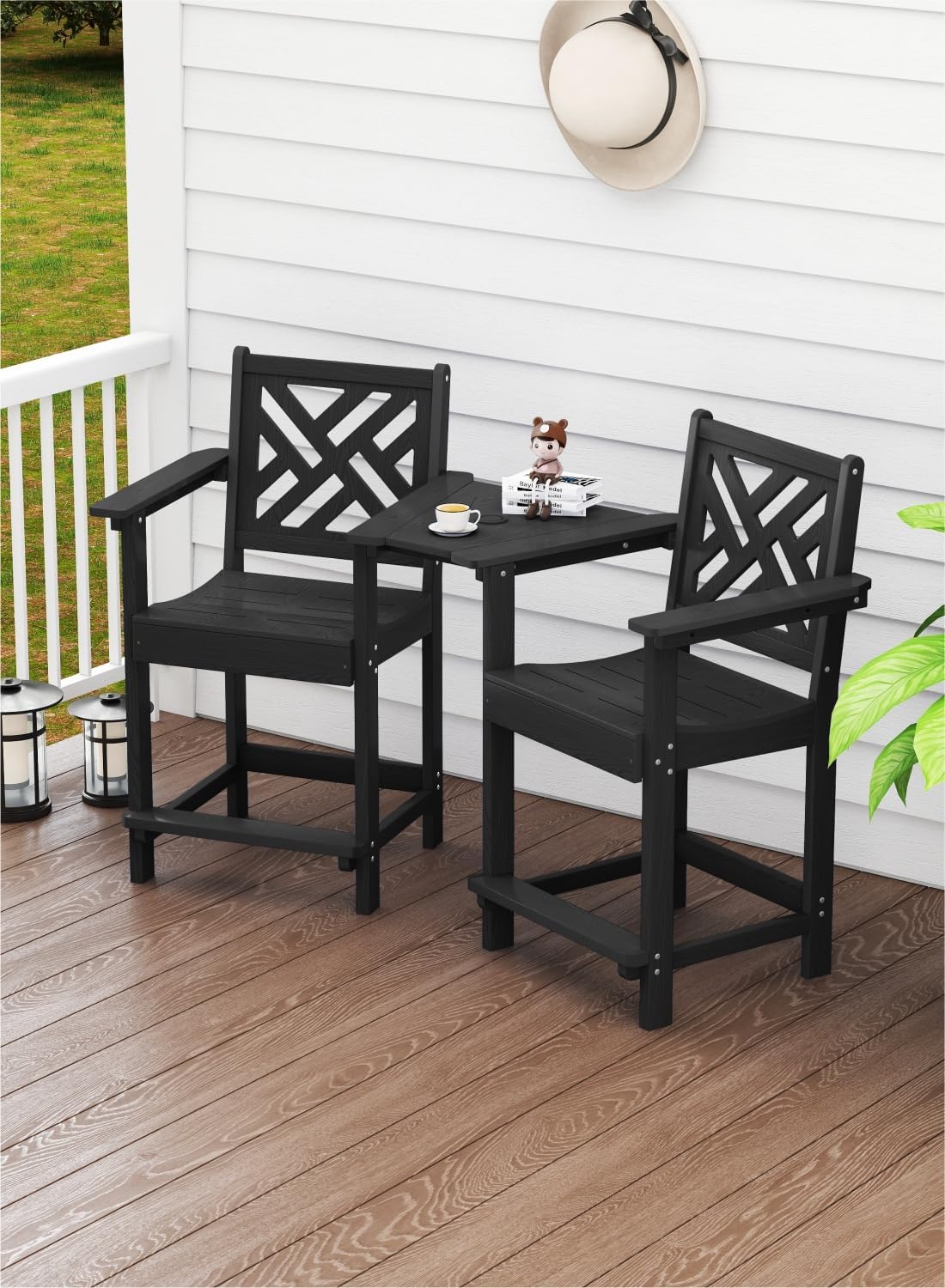 Tall Adirondack Chairs Set of 2, Outdoor 24'' Counter Height Bar Stools with Back and Arms, All-Weather HDPE Patio Tall Chairs for Balcony, Backyard, Garden, Deck (Black)