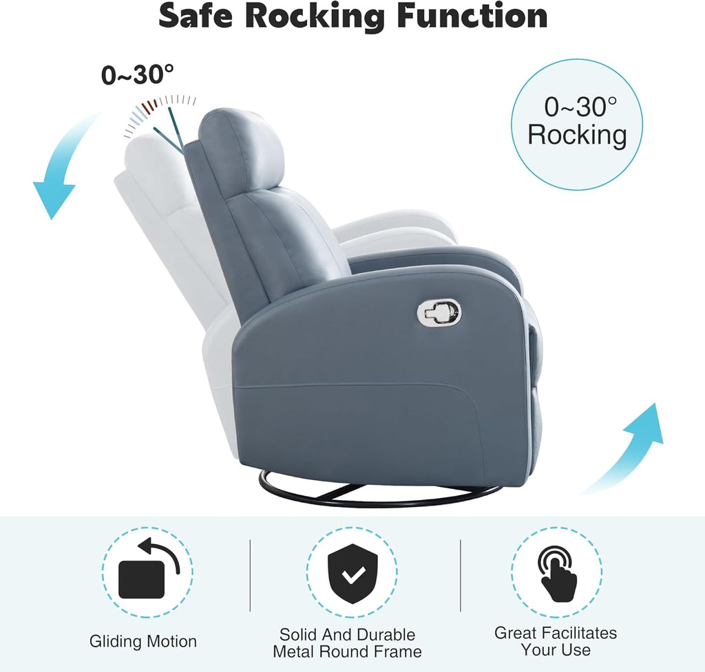 Swivel Rocker Recliner Chair, Manual Faux Leather Recliner, Glider Rocking Recliners 360°Swivel Nursery Reclining Chairs with Adjustable Headrest Highback for Living Room, Blue