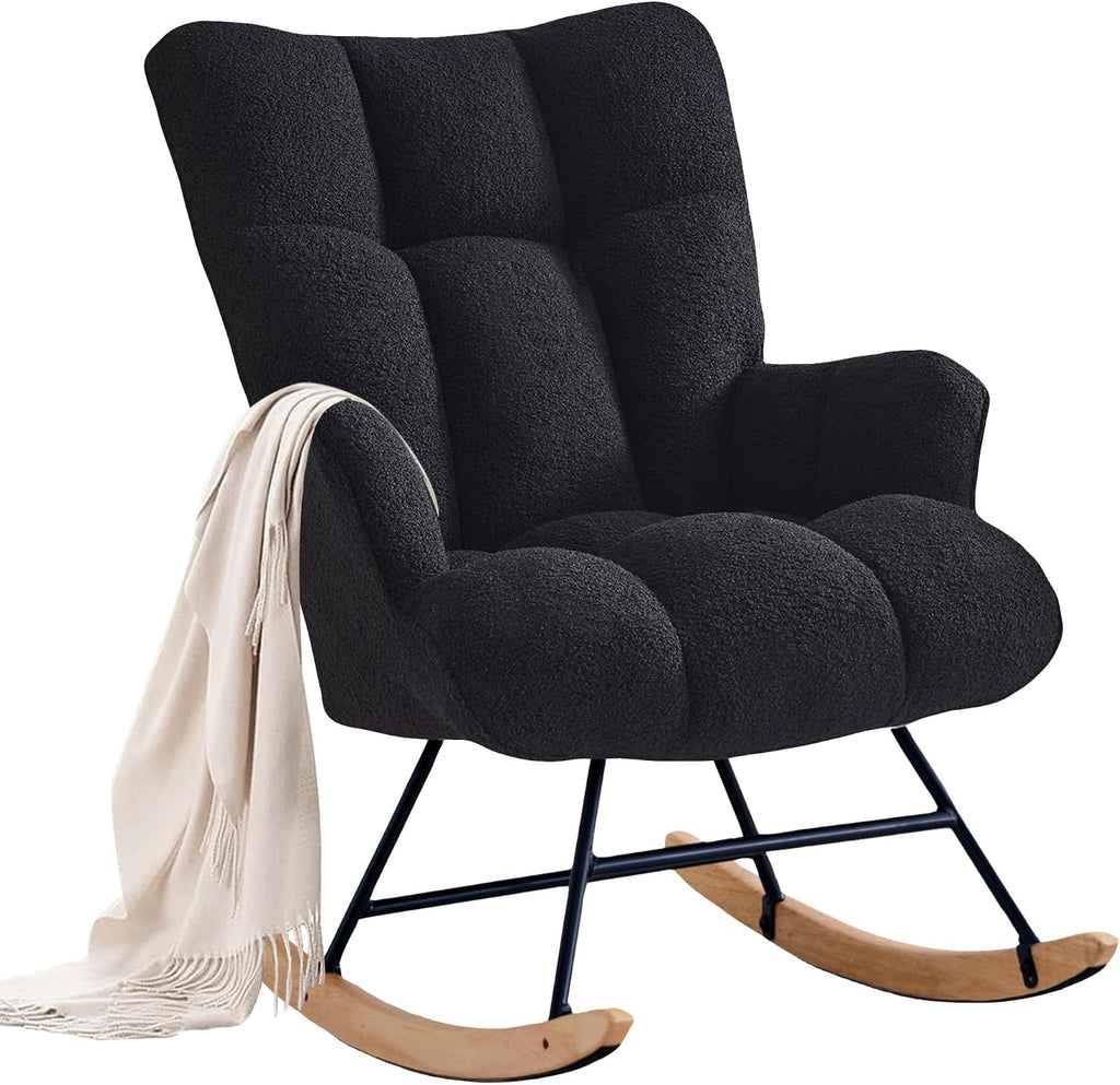 Zedachica Rocking Chair Nursery Teddy Upholstered Glider Rocker Rocking Accent Chair Padded Seat with High Backrest Armchair Comfy Side Chair for Living Room Bedroom Offices (Black Teddy)
