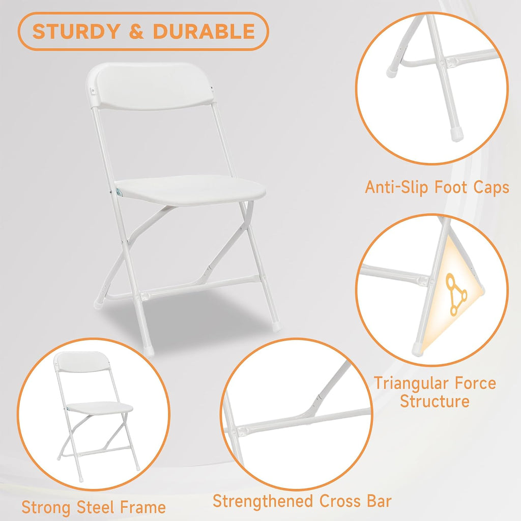 100 Pack Plastic White Folding Chairs with 350LBS Capacity, Foldable Commercial Seat with Steel Frame, Portable Indoor Outdoor Chairs for Office, Party, Events, Wedding, Kitchen, Dinning, School