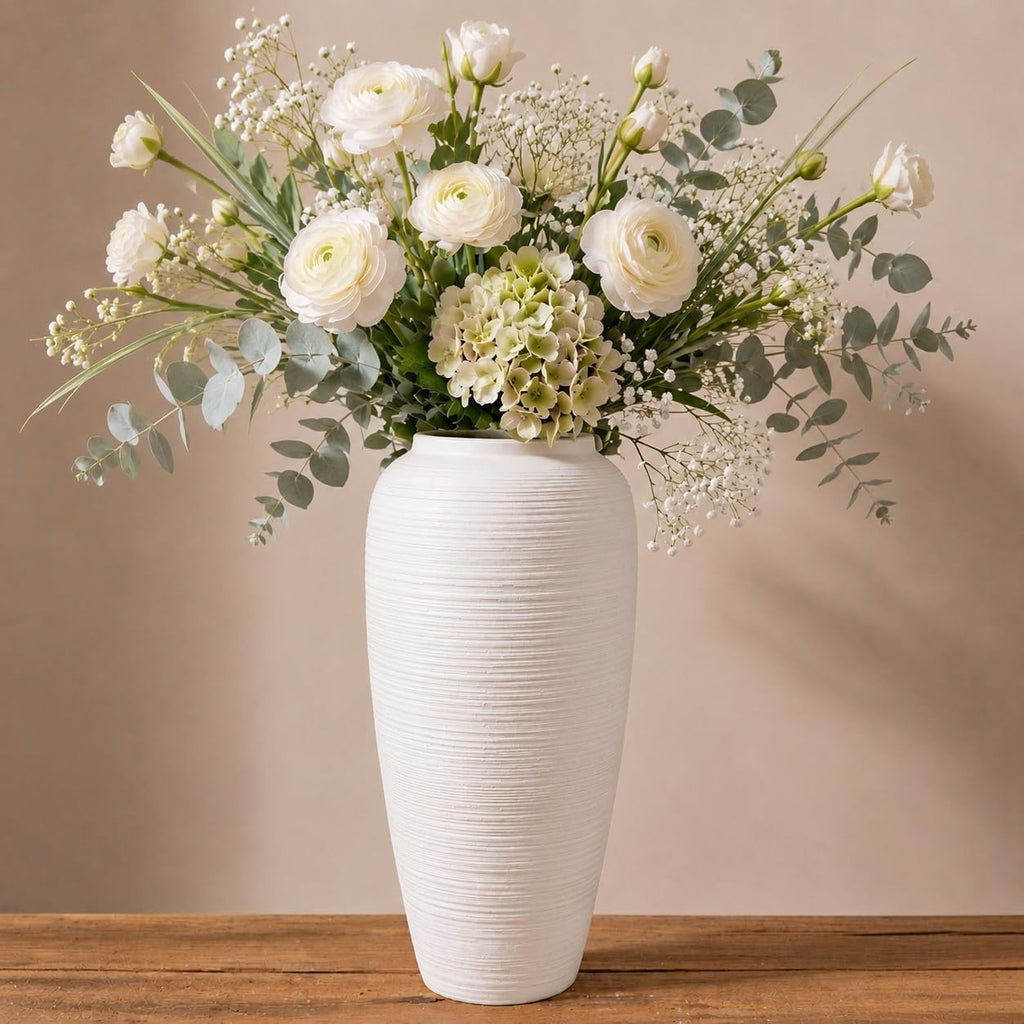 Off-White 12.6” Ceramic Vase for Home Decor, Farmhouse & Boho Decorative Pottery Vase for Table Centerpiece, Mantel, Shelf, Living Room, Kitchen, and Entryway (White Ribbed - 12.6" Tall)