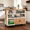 MFSTUDIO Rolling Kitchen Island on Wheels, 43" Mobile Kitchen Cart on Wheels with Open Shelves, Rubberwood Tabletop, Drawers, Portable Kitchen Storage Trolley for Dining Room, Ivory White