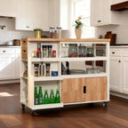 MFSTUDIO Rolling Kitchen Island on Wheels, 43" Mobile Kitchen Cart on Wheels with Open Shelves, Rubberwood Tabletop, Drawers, Portable Kitchen Storage Trolley for Dining Room, Ivory White