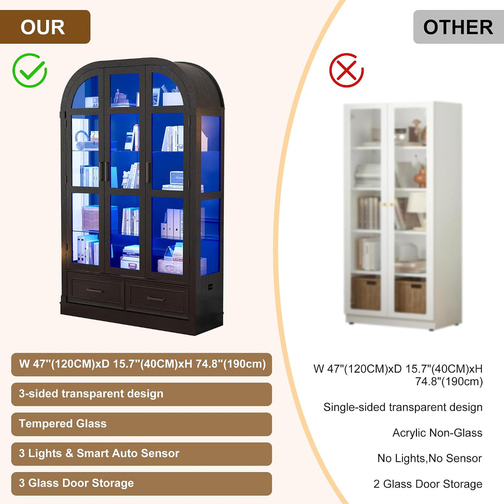 Arched Display Cabinet with 3 Glass Doors,5-Tier Curio Cabinet W/3 Color Lights for Collectibles,78'' Tall Curio Cabinet W/2 Drawers,Modern Display Case W/Human Body Sensor Light for Living/Game Room