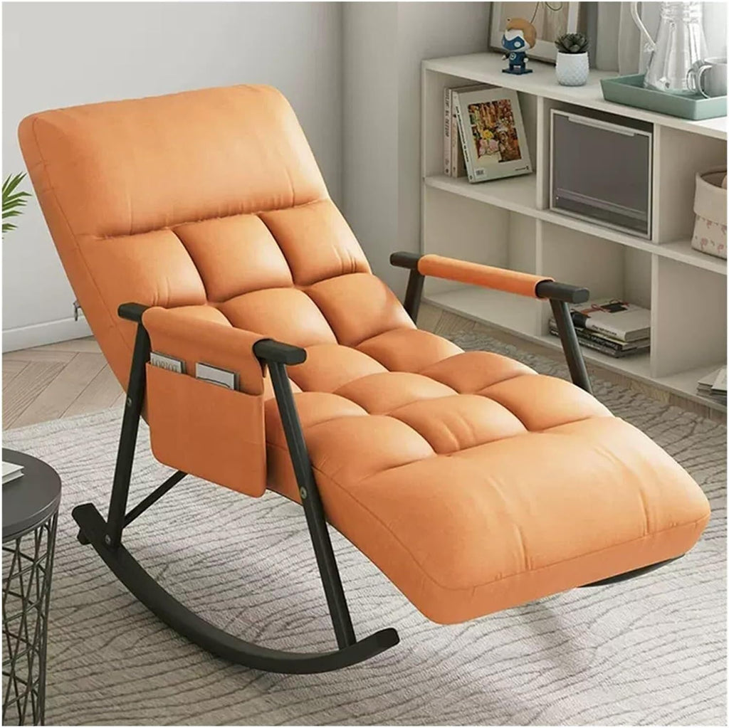 Modern Upholstered Rocking Chair - Comfy Indoor Rocker with 5 Reclining Positions, High Back Support & Side Pocket - Stylish Orange Accent for Living Room & Nursery