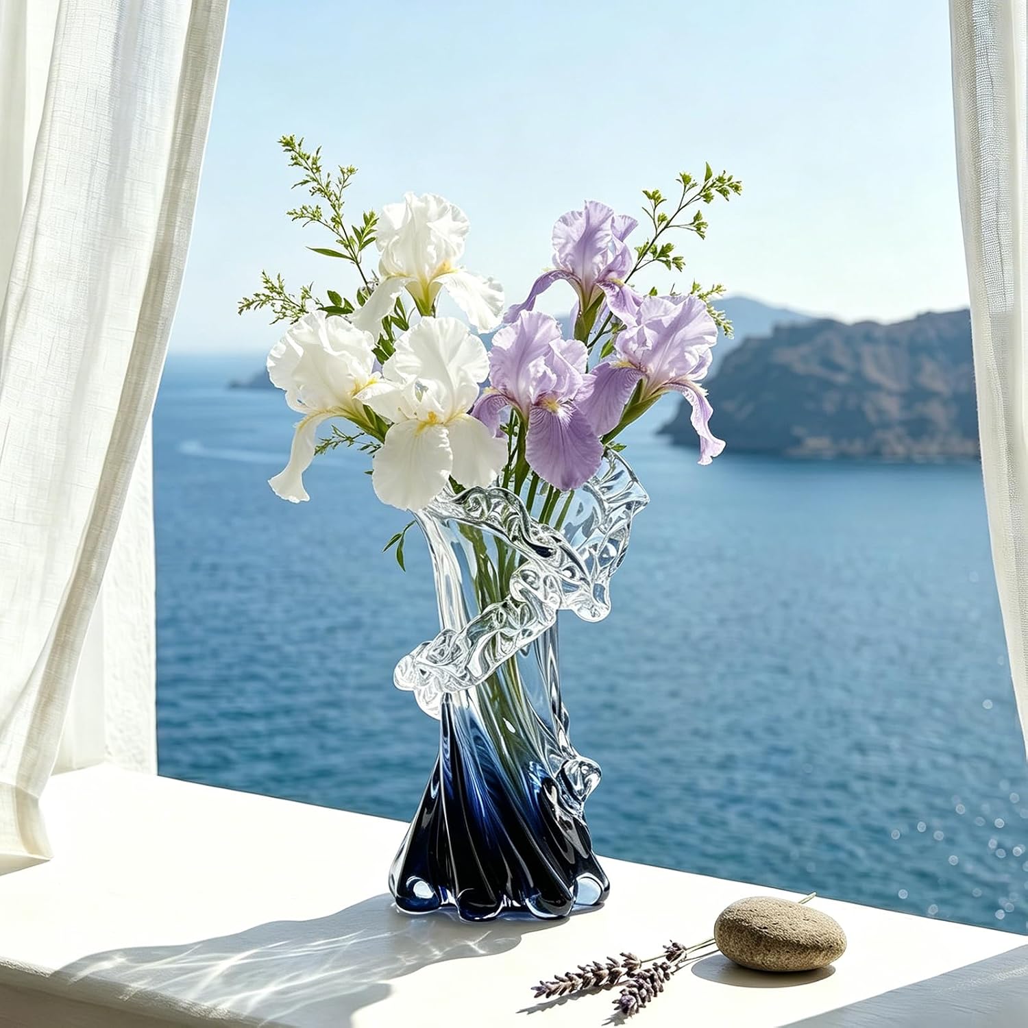 Blue White Clear Wave Vases Gradient, Murano Hand Blown Glass Vase Unique Art Decorative, for Ocean Themed Coastal Home Centerpiece Modern Office Entrance Table Creativity