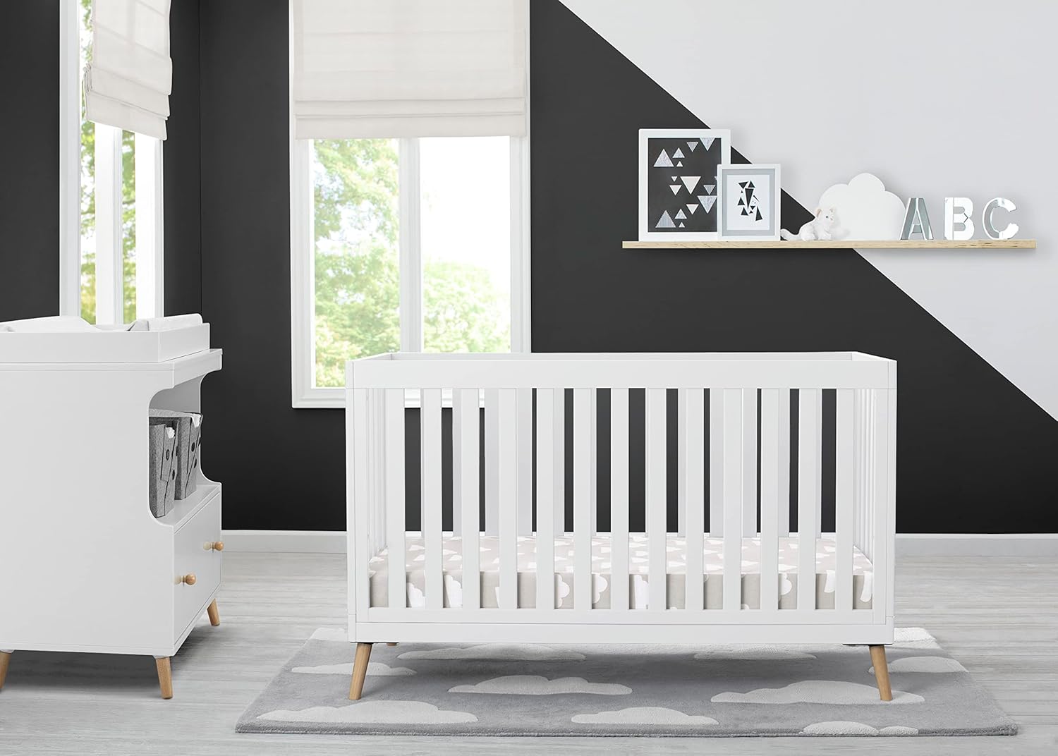 Delta Children Essex Crib 6-Piece Baby Nursery Furniture Set–Includes: Convertible Crib, 6 Drawer Dresser, Changing Top, Crib Mattress, Sheets, & Changing Pad, Bianca White w/Natural