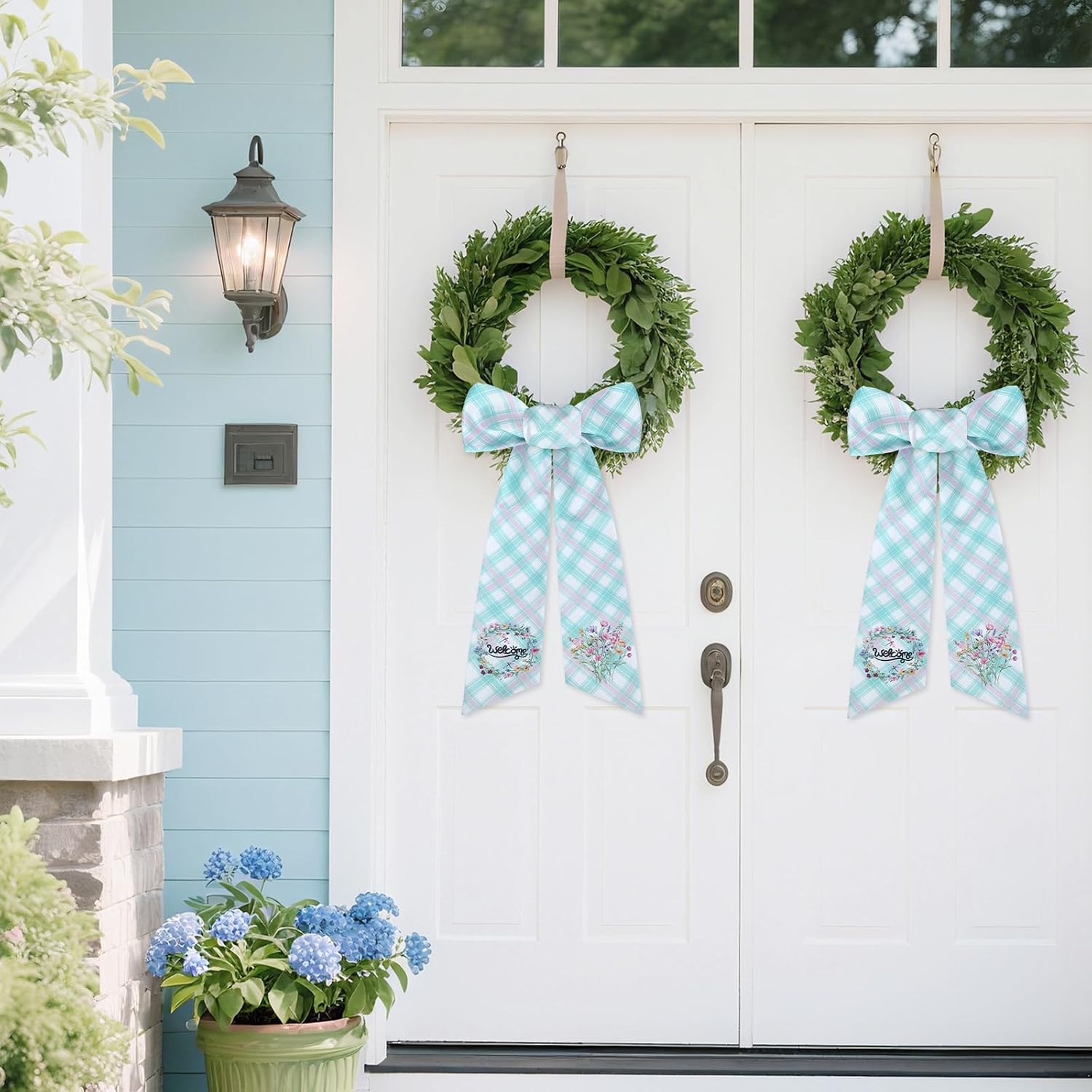 Spring Wreath Sash for Front Door - 2 Pcs Plaid Welcom Wreath Sashes with Flowers for Farmhouse Home Decor, 60 Inch Rustic Green Pink Wreaths Sash for Doorway Yard Indoor Outdoor