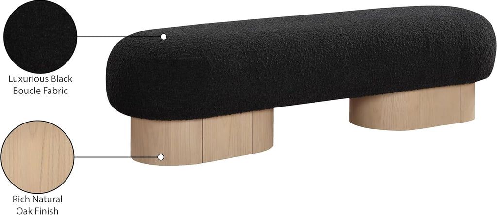 Meridian Furniture 22001Black Robertson Collection Art Deco Bench with Luxurious Black Boucle Fabric and Rich Natural Oak Finish, 60.5" W x 18" D x 16" H, Black