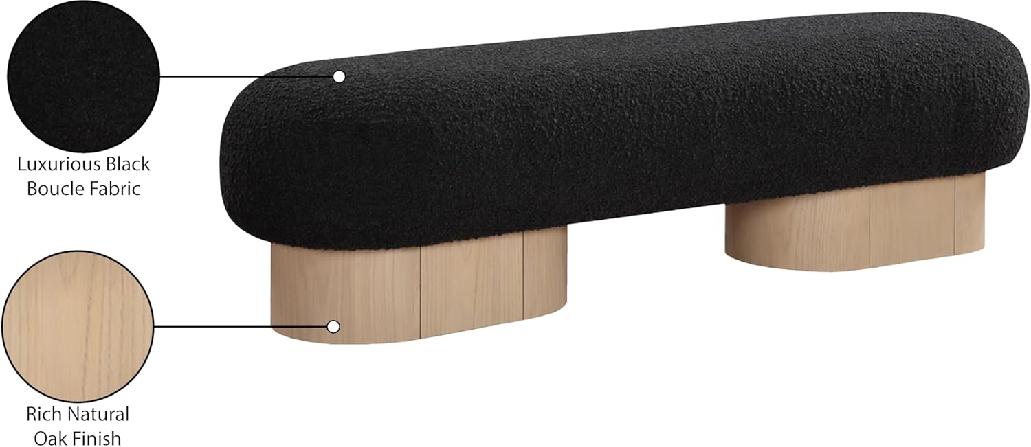 Meridian Furniture 22001Black Robertson Collection Art Deco Bench with Luxurious Black Boucle Fabric and Rich Natural Oak Finish, 60.5" W x 18" D x 16" H, Black