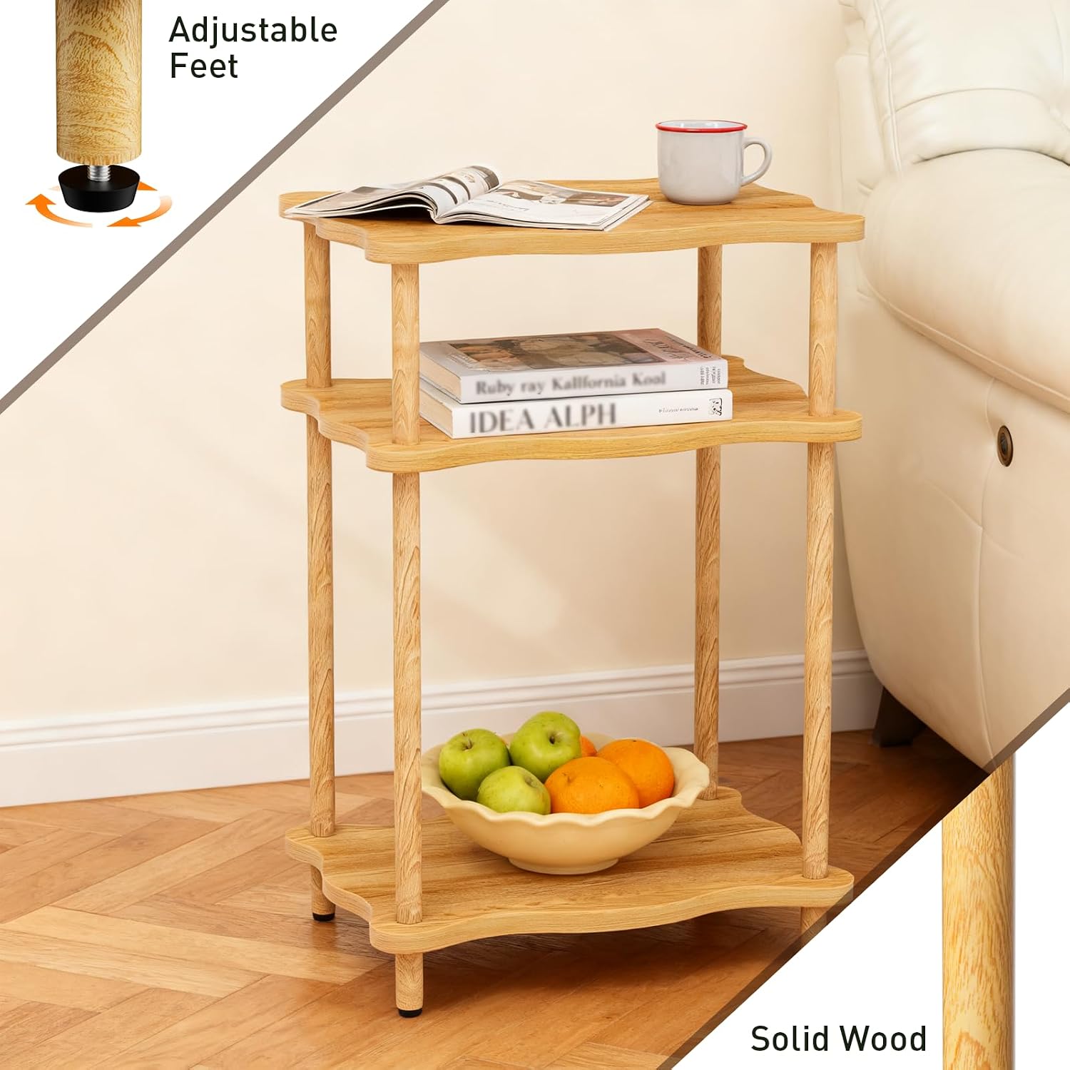 THUMEYE 3-Tier Side Table, 15.7”x11.8”x23” Space-Saving End Table with Solid Wood Legs, Tool-Free Assembly Nightstand for Bedroom Living Room, Burlywood