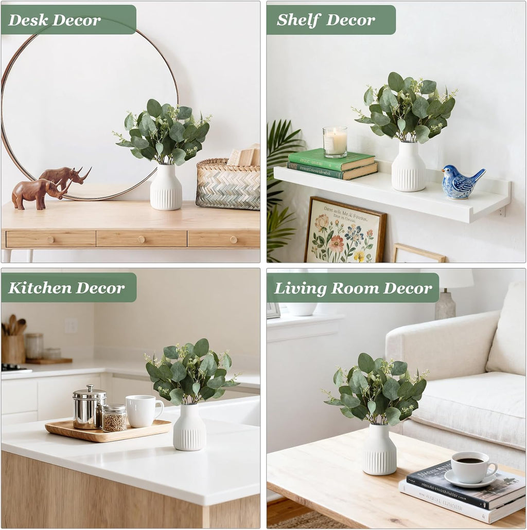 Dahey Artificial Eucalyptus Stems in Small Ceramic Vase Centerpiece Table Decorations Modern Farmhouse Decor Fake Eucalyptus Plants with Vase for Bathroom Kitchen Shelf Living Room Home Decor, White