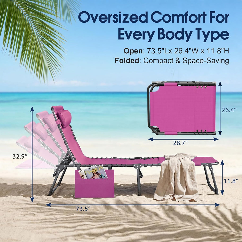 Flamaker Oversize Face Down Chaise Lounge Chair, 27 Inch WideFoldable Outdoor Patio Chair, 5-Position Adjustable Tanning Chairwith Face& Arm Holes for Sunbathing, Pool, Beach, Lawn (Pink, 1Pcs)