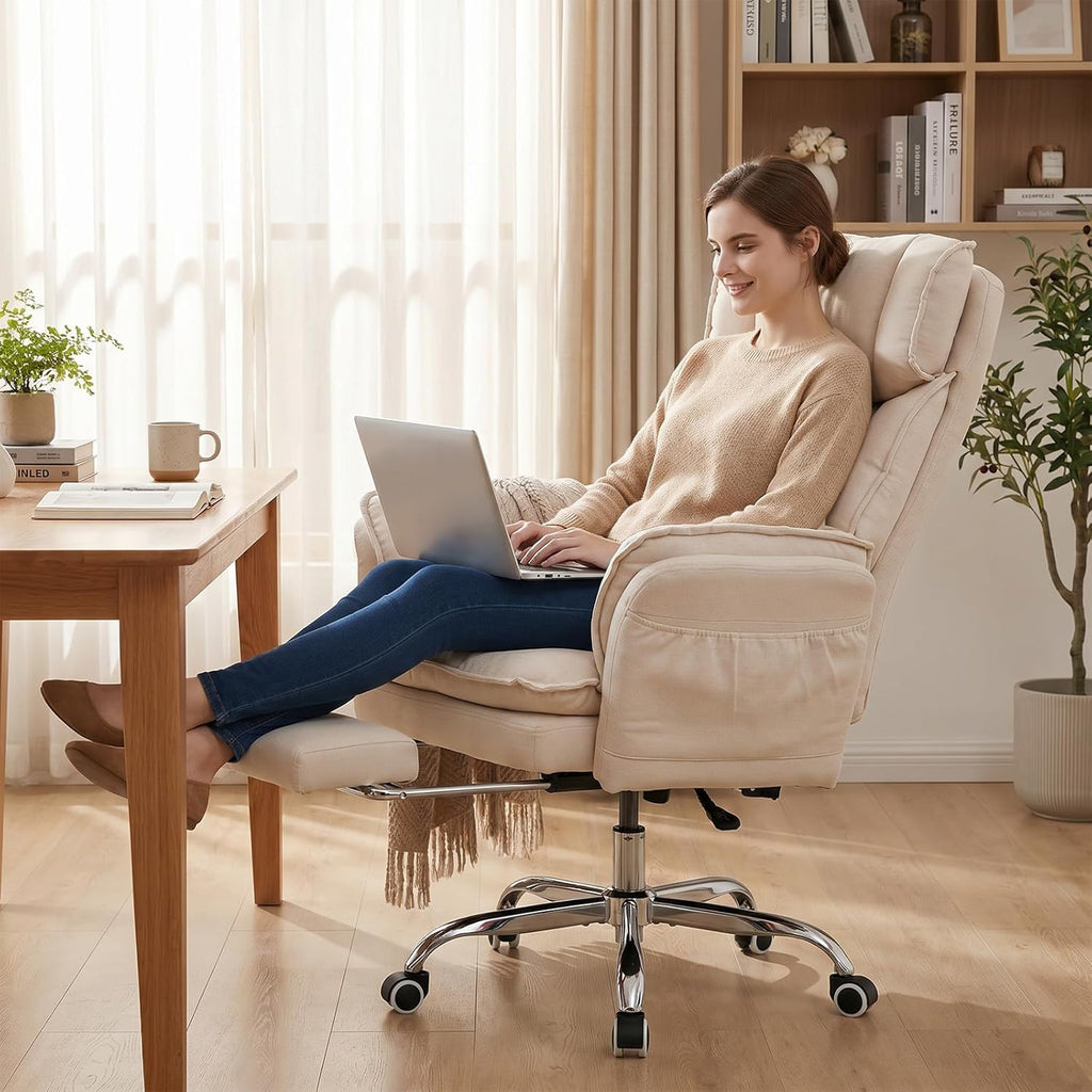 Office Chair with Flip Armrests & Foot Rest,Criss Cross Legged Home Office Desk Chair with Pet Seat,Ergonomic Reclining Computer Gaming Chair,High Back Executive Chair with Lumbar Pillow(White)
