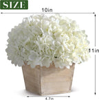 YXZZWL 10" Artificial Hydrangea Arrangement in Planter for Table Centerpiece, Lifelike Fake Hydrangea Potted Plant, Silk Faux Flowers in Wood Planter for Farmhouse Home Office Shower Decor (White)