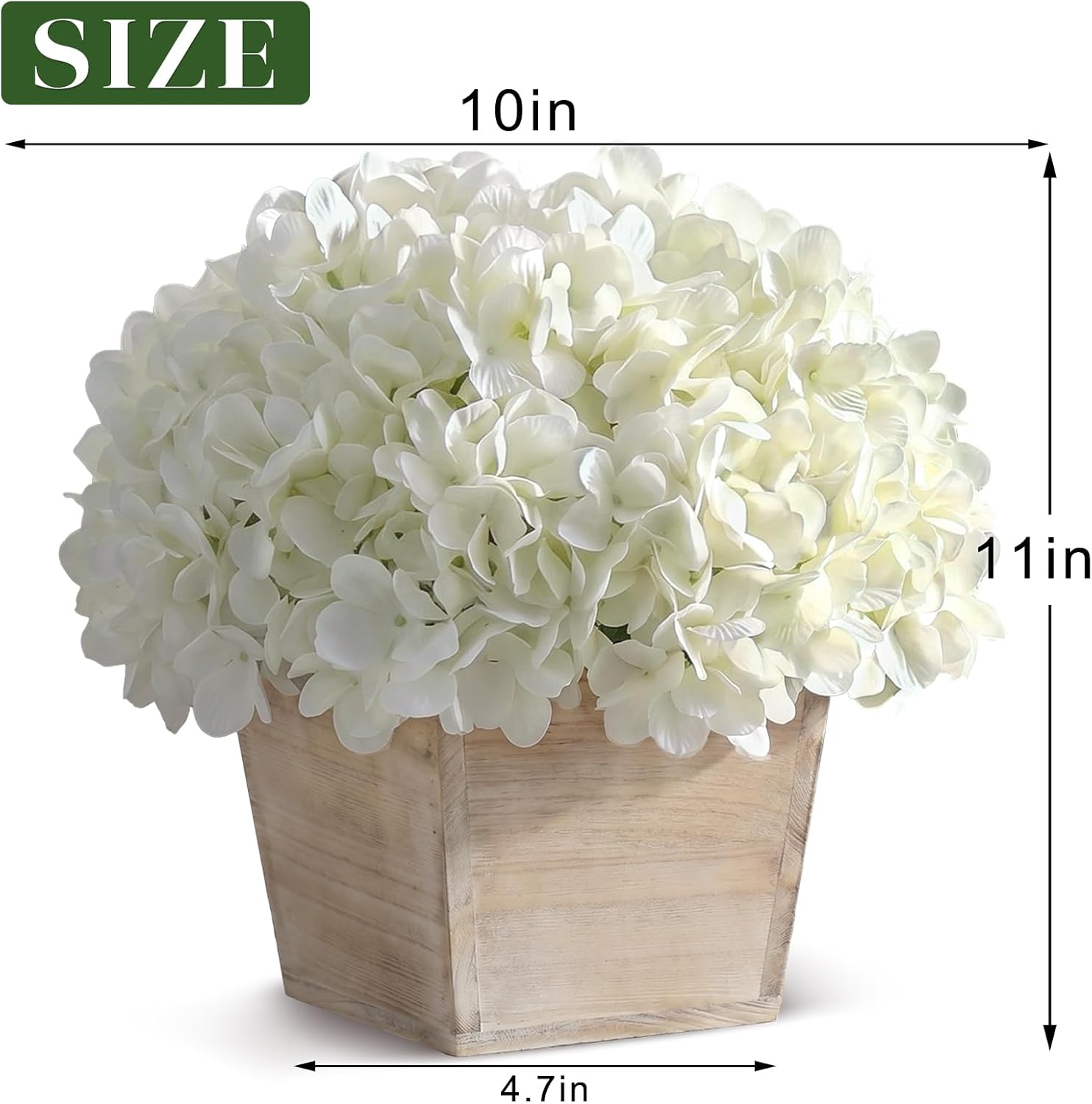 YXZZWL 10" Artificial Hydrangea Arrangement in Planter for Table Centerpiece, Lifelike Fake Hydrangea Potted Plant, Silk Faux Flowers in Wood Planter for Farmhouse Home Office Shower Decor (White)