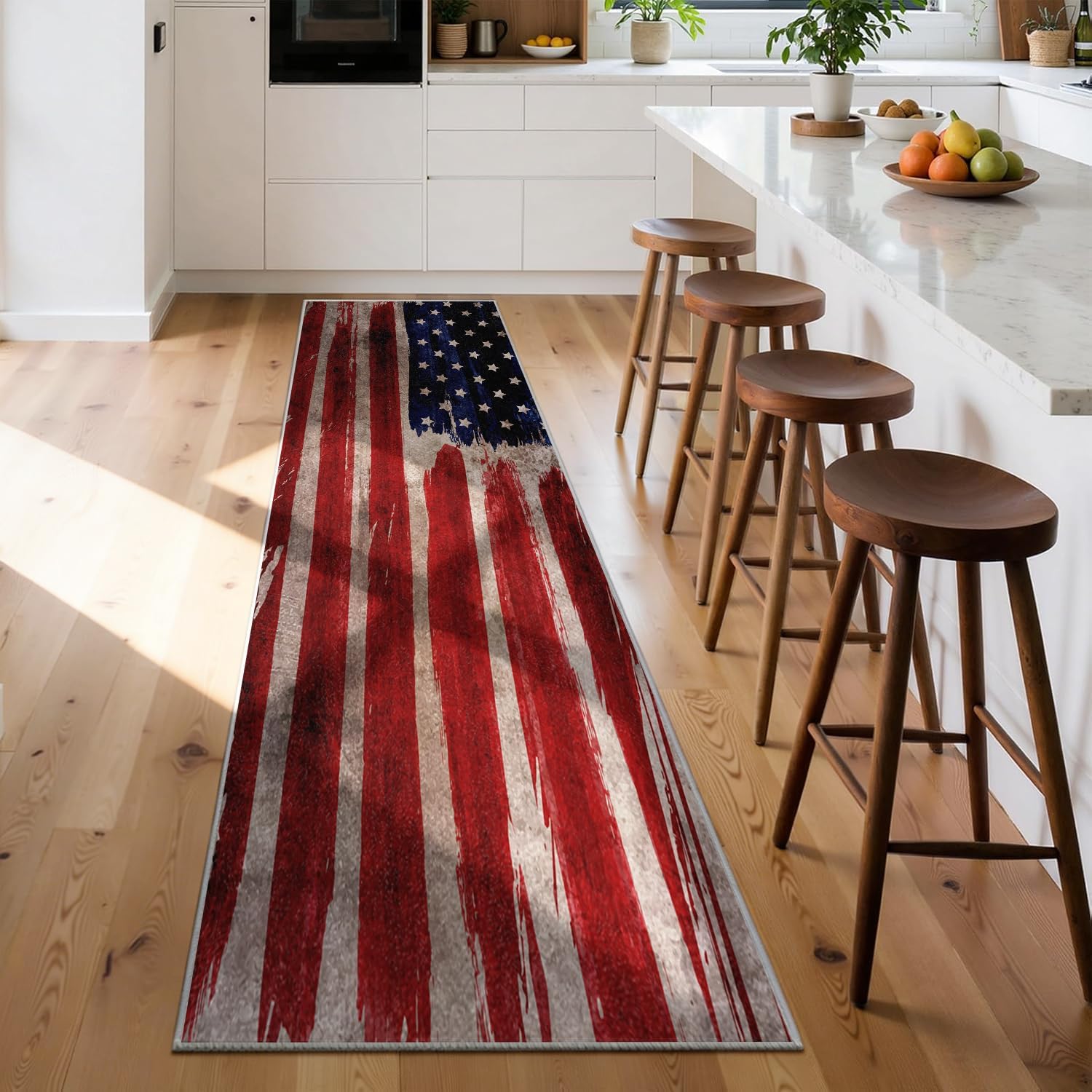 Vintage American Flag Runner Rug, 2x5ft, Soft Machine Washable Non-Slip Long Rug Runners for Hallways, Blue Red White Star Stripe Flag Independence Day Carpet for Indoor Entrance Dining Kitchen