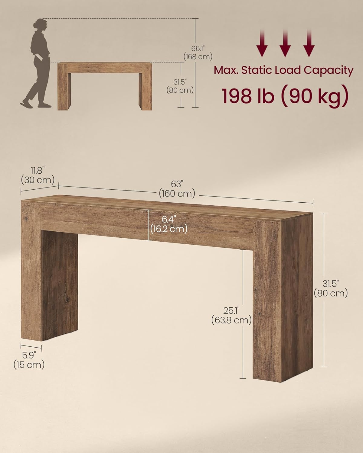 VASAGLE Entryway Table, Long Console Table, Thick Tabletop, Farmhouse Style, for Hallway, Behind the Couch, Living Room, Foyer, Easy Assembly, 11.8 x 63 x 31.5 Inches, Honey Brown ULNT147KB01S