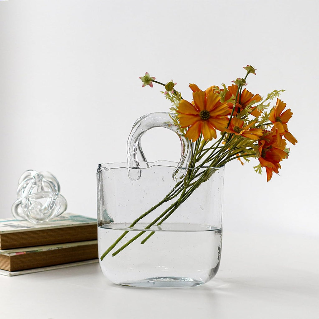 Glass Vase with Elegant Purse Design, Hand Purse vase with Fish Bowl, Unique Flower Vase with Handle and Bubbles - for Home Decor/Office/Garden/Wedding Decor/Enterpiece/Events(Transparent)
