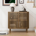 Smuxee Walnut Sideboard Cabinet with Unique Grille Stripe Design, Freestanding Buffet Cabinet with Curved Edge Design, Wood Storage Cabinet for Living Room, Entryway, Hallway