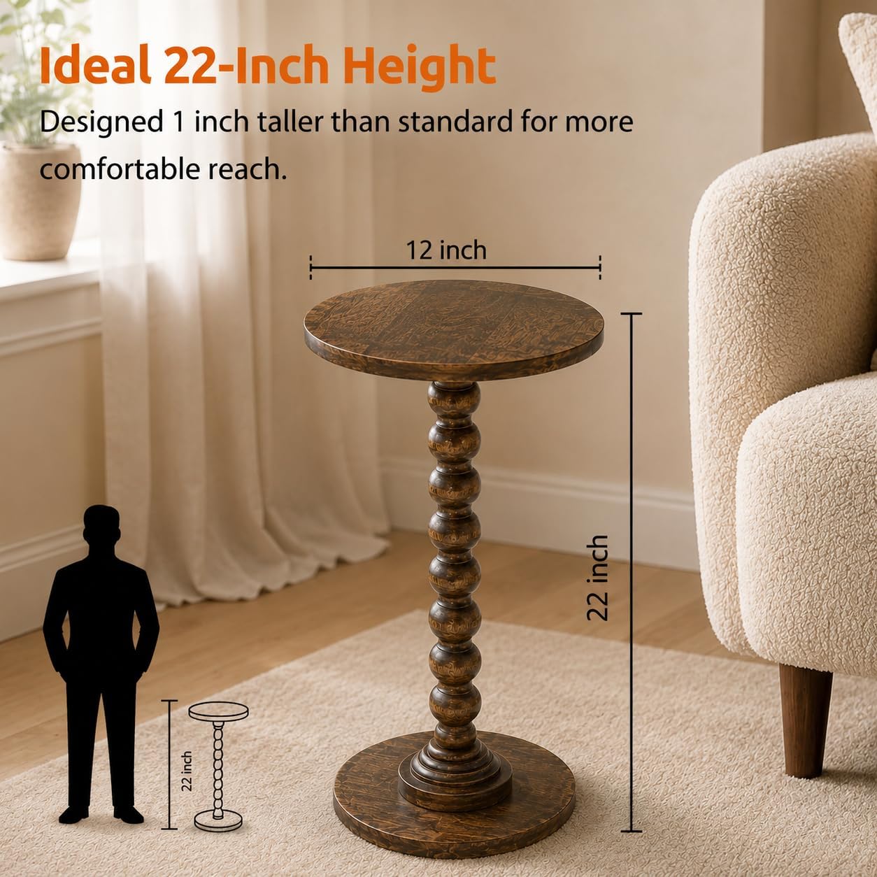 Solid Wood Round Side Table for Living Room, Bedroom and Office — Handcrafted End Table, Bedside Nightstand, Accent Table for Small Spaces with Tool-Free Assembly (Rustic Walnut)