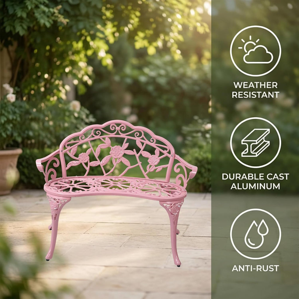 Cast Aluminium Outdoor Bench, Rose Garden Bench for Patio,Park,Lawn,Yard (Pink)