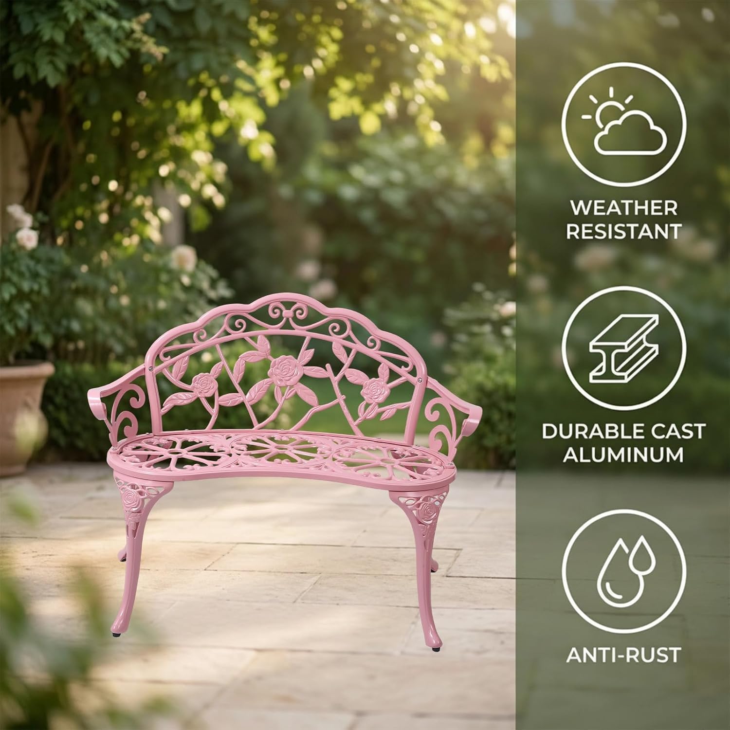 Cast Aluminium Outdoor Bench, Rose Garden Bench for Patio,Park,Lawn,Yard (Pink)