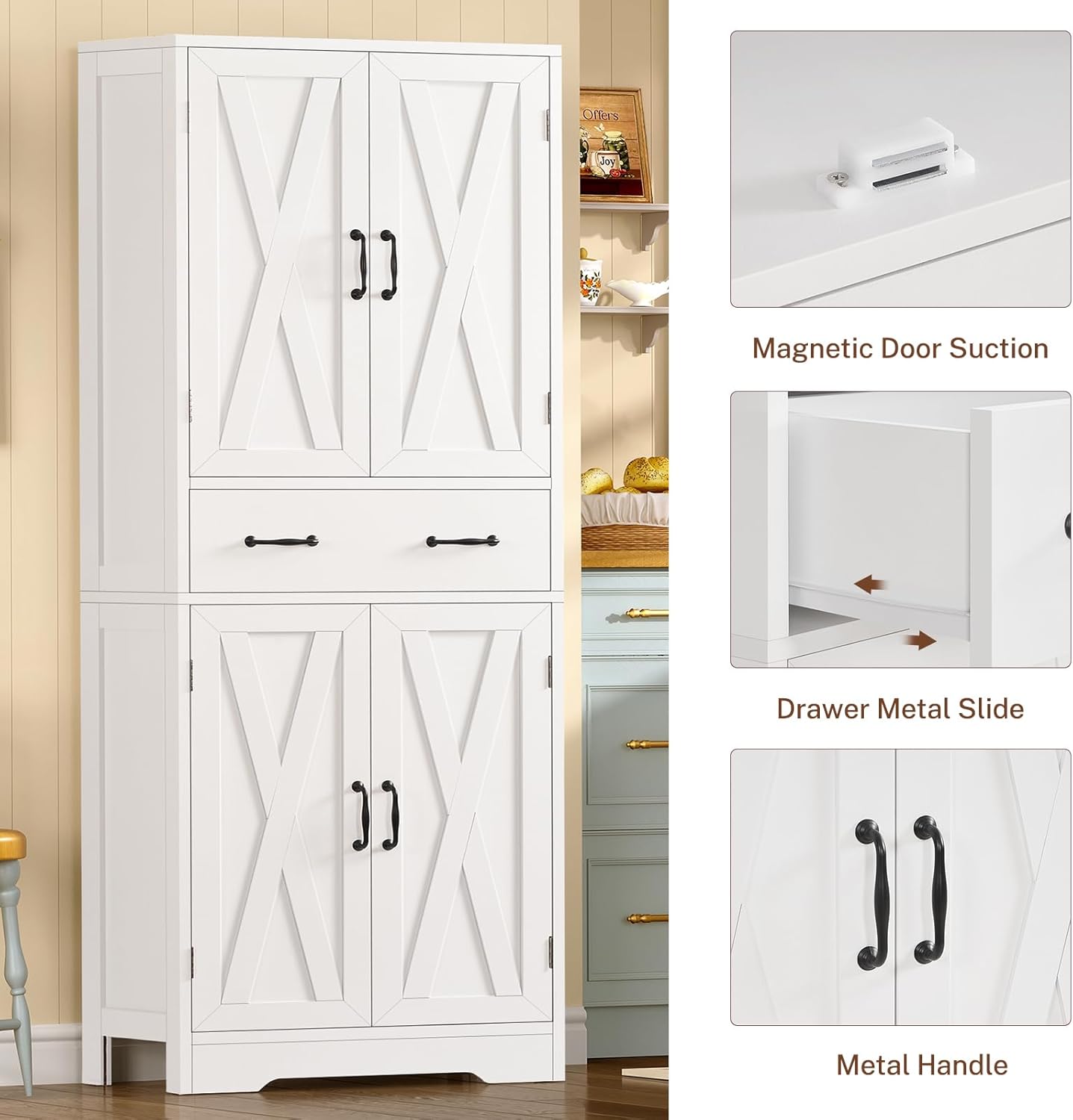 TEENFON Tall Storage Cabinet with 2 Adjustable Shelves & 1 Large Drawer, Kitchen Pantry Cabinet with 4 Doors, Bathroom Storage Cabinets, for Living Room, Kitchen, Bathroom, White