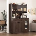 71" Freestanding Kitchen Pantry, Large Dish Storage Cabinet with Fluted Glass Doors and Microwave Stand for Kitchen, Dining and Living Room Walnut