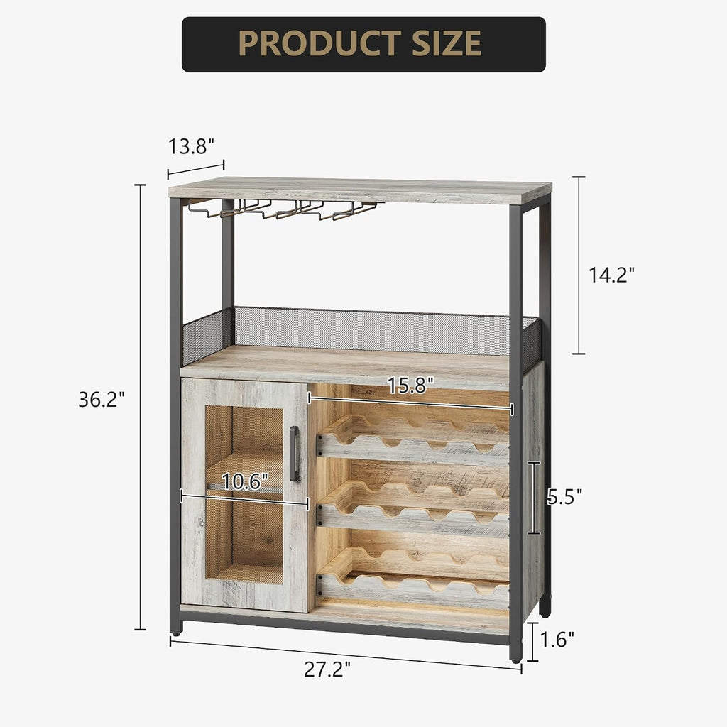 Vintage Industrial Wine Bar Cabinet with Adjustable Wine Racks and Glass Holders, Mesh Door Sideboard Storage Cabinet for Living Room, Kitchen, Dining Room, Compact Design, Gray with Light