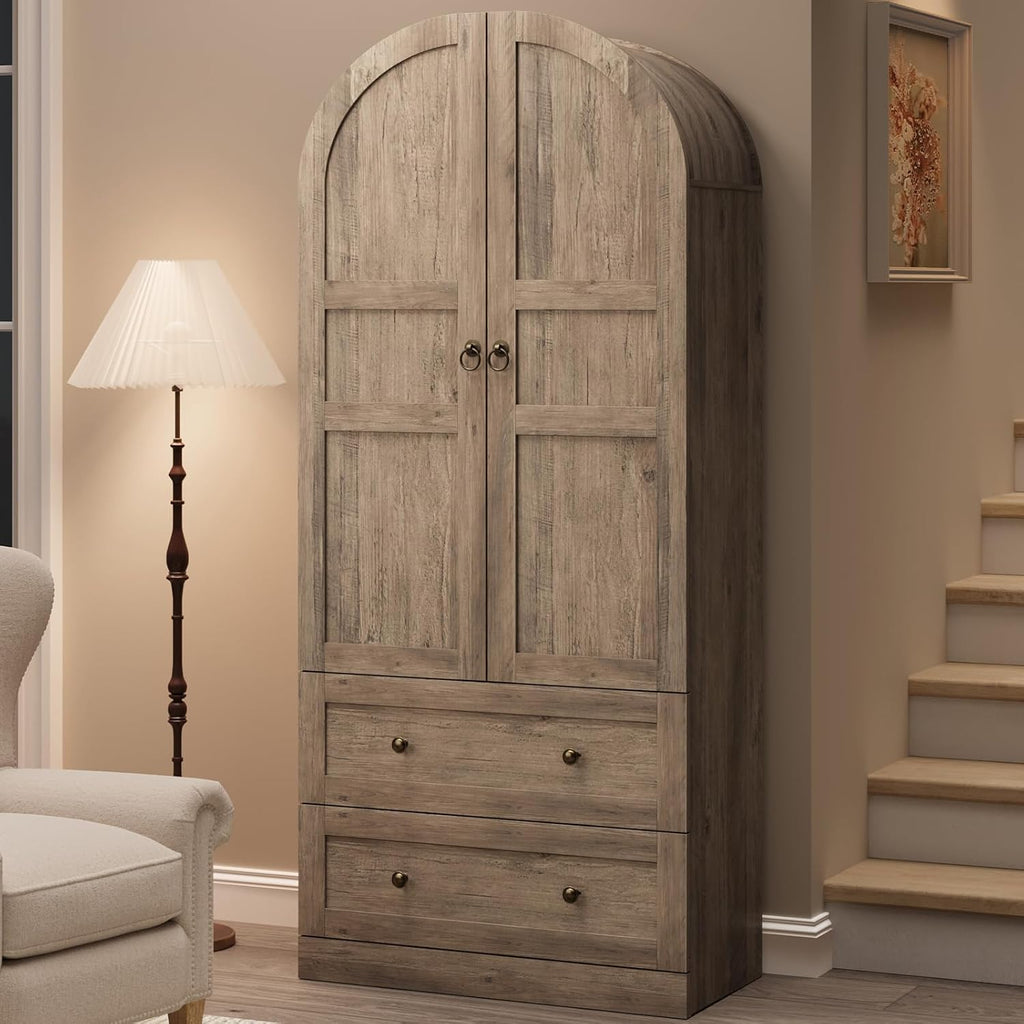 72" Tall Arched Kitchen Pantry Cabinet – Farmhouse Wooden Storage Cabinet with 2 Drawers & Wood Doors – Freestanding Buffet Sideboard for Dining/Living Room – Rustic Gray, Wooden Door, Grey