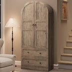 72" Tall Arched Kitchen Pantry Cabinet – Farmhouse Wooden Storage Cabinet with 2 Drawers & Wood Doors – Freestanding Buffet Sideboard for Dining/Living Room – Rustic Gray, Wooden Door, Grey