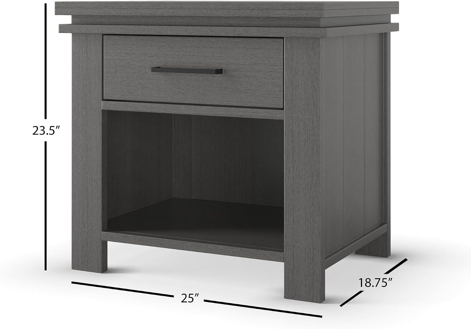 Child Craft Denman Nightstand, 25" W Craftsman Style Nursery Nightstand with Drawer and Open Shelf, Metal Handle, Midnight Gray