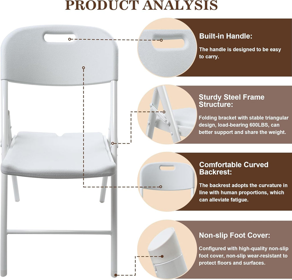 10 Pack Folding Chair, 600 lb Weight Capacity,Indoor/Outdoor Heavy Duty Foldable Chairs for Restaurants, Kitchens, Picnics, Races, Parties & Weddings. (10, White)