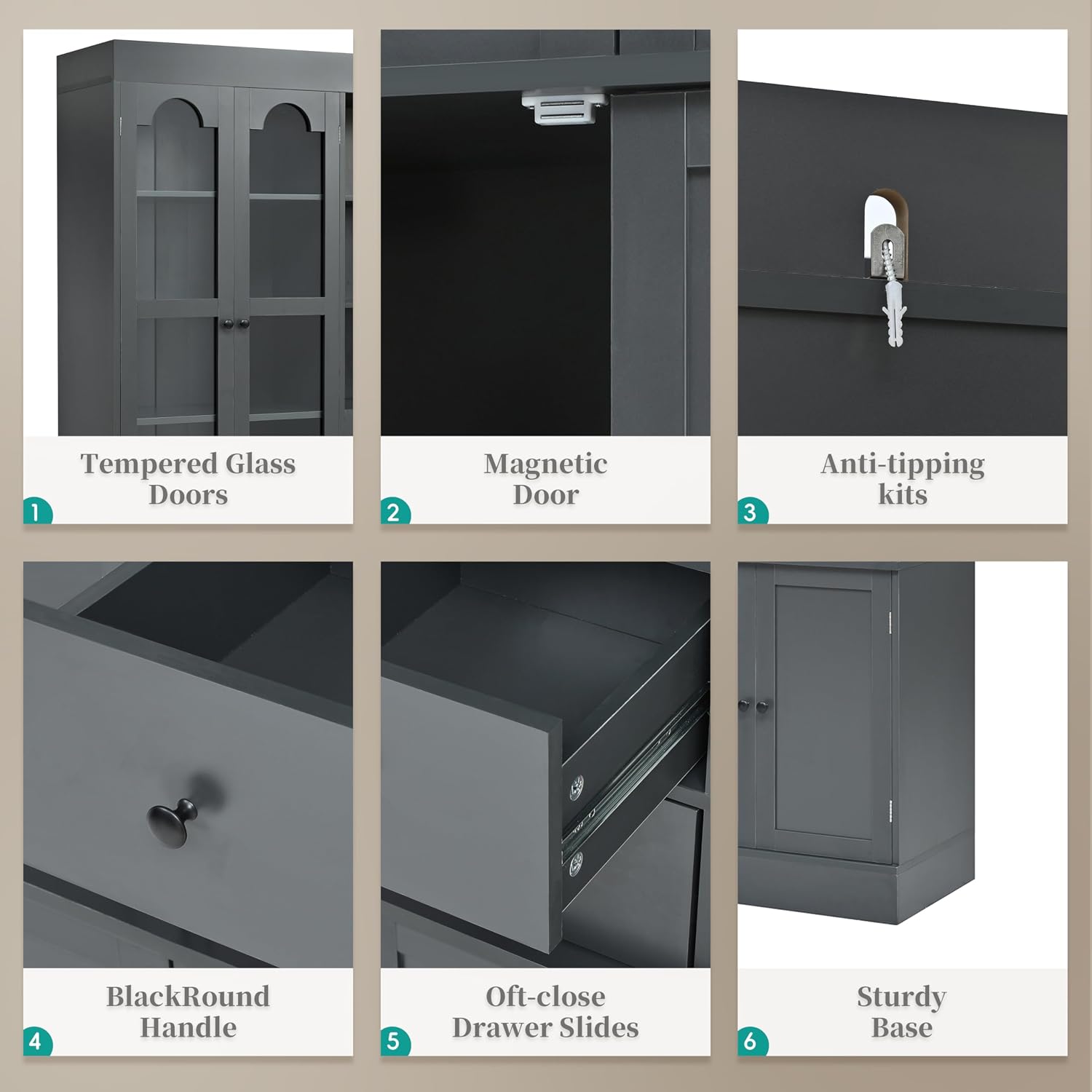 Merax Wood Kitchen Pantry with 4 Drawers, 3 Cabinets and Hutch, Tall Cupboard Dining Storage Cabinet with Door Shelves and Pull-Out Trays for Living Room, Kitchen, Dining Room Gray