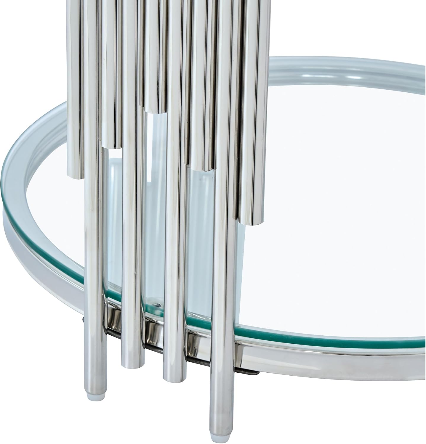 Modern Glass End Table, 19.69" Round Sofa Side Table with Silver Stainless Steel Frame and Clear Glass Top, Cocktail Tea Table, Luxury 2-Tier End Table with Storage Shelves for Home Office