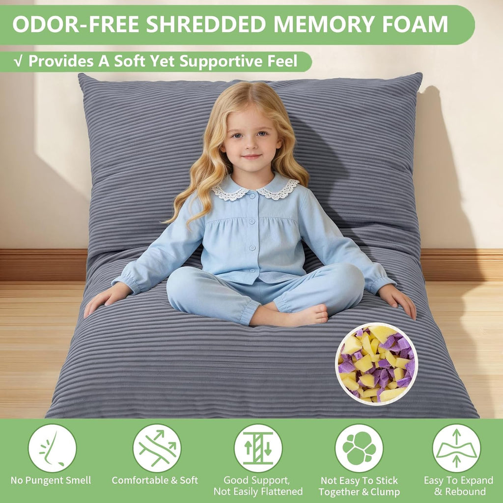 3-in-1 Kids Bean Bag Chair, Convertible Floor Cushion | Odor-Free Shredded Foam Resists Clumping, Removable Corduroy Cover, Cozy Lounge Seating for Bedrooms, Playrooms, Classrooms