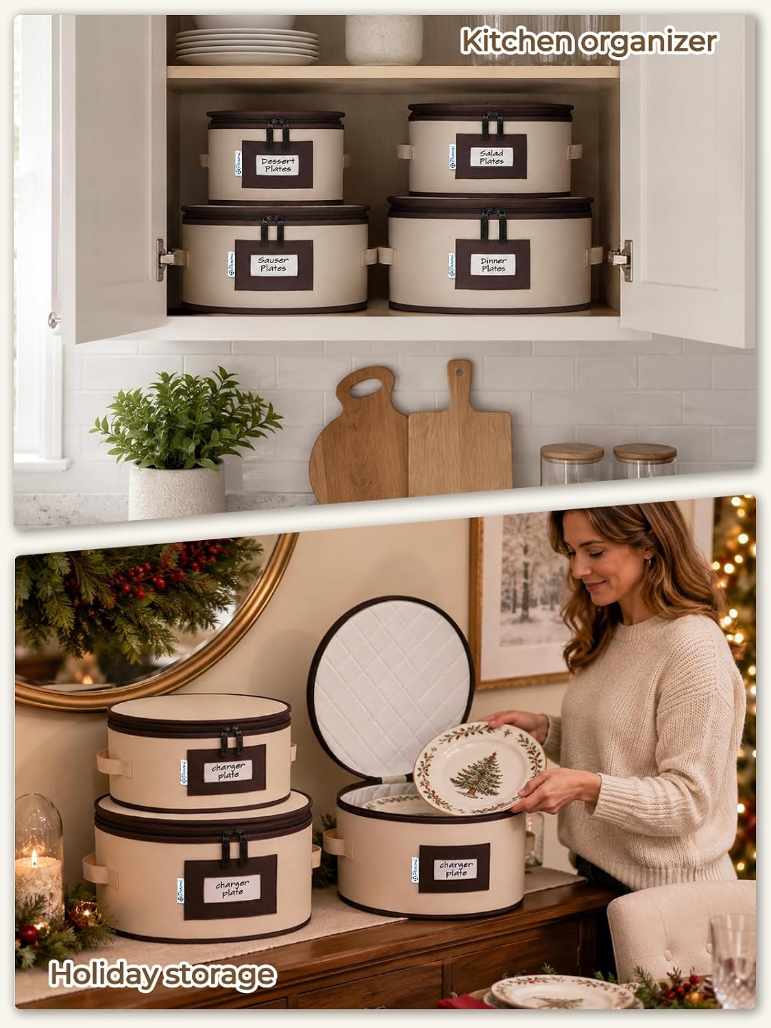 punemi China Storage Containers, 4 Pack Hard Shell Plate Dish Storage Cases with Padded Dividers & Quilted Lining, Stackable Dinnerware Storage Protectors for Moving Boxes & Holiday Storage, Beige