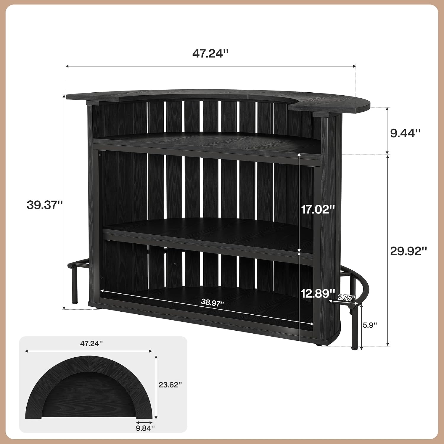 4-Tier Bar Table, 39.4" H Home Bar Unit with Footrest, Arc-Shaped Mini Bar Table, Modern Wine Bar Cabinet for Home Pub, Living Room, Black