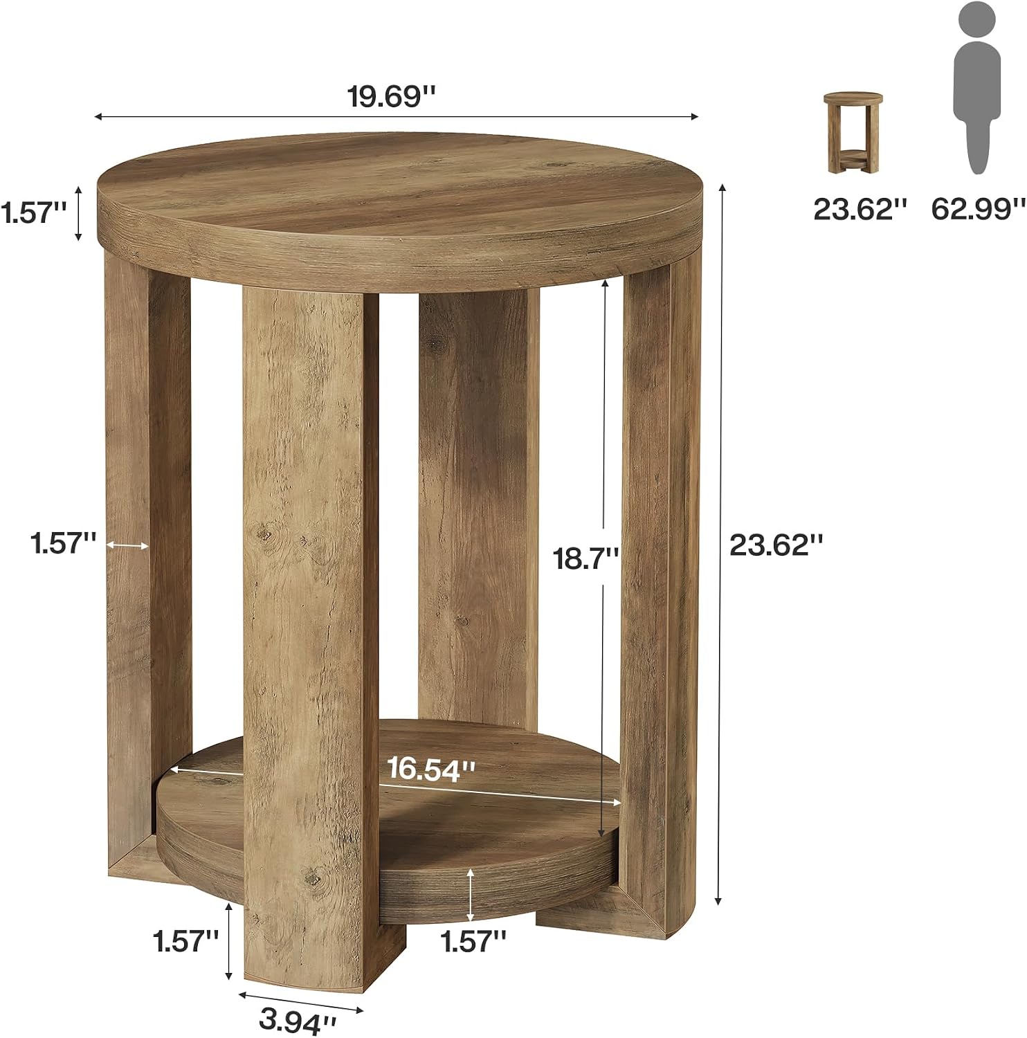 Tribesigns Round Side Table, 2-Tier End Table for Living Room & Bedroom, Small Accent Table with Storage Shelf (2, Brown)