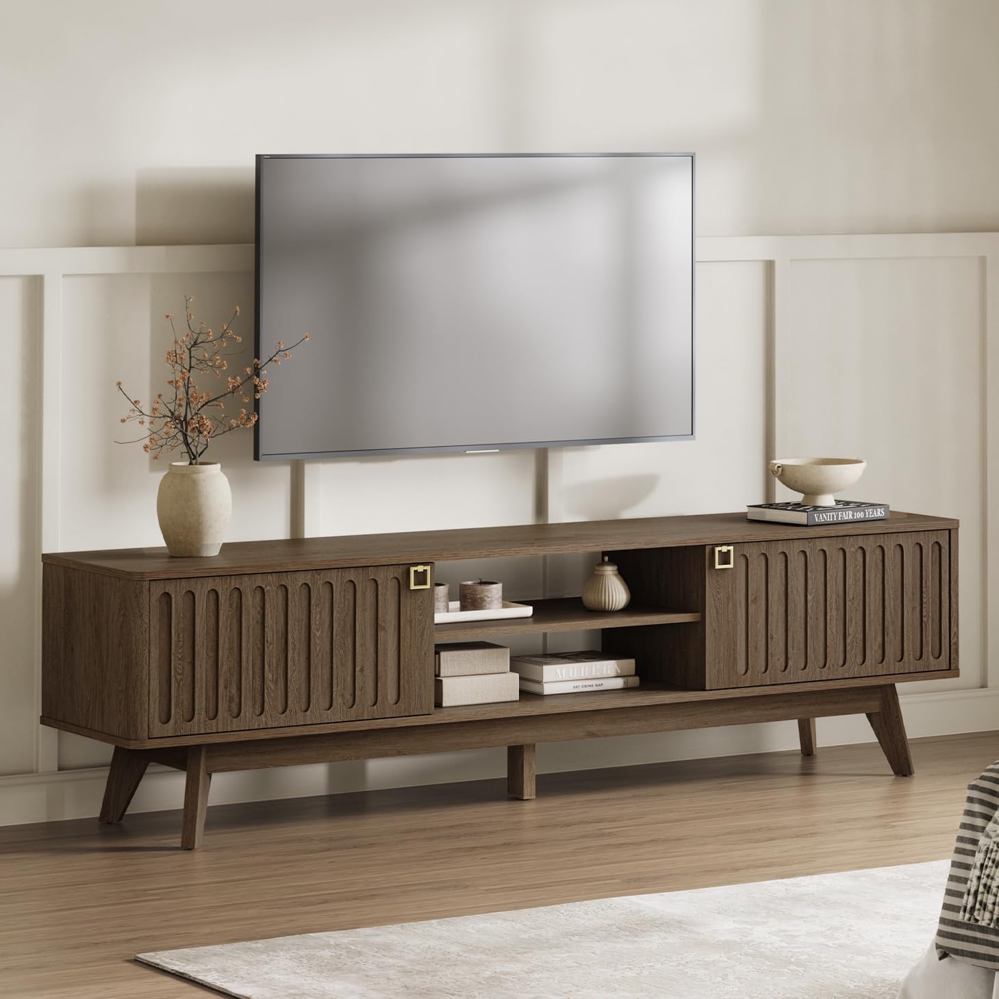 SICOTAS 70" Long TV Stand for Living Room, Modern TV Stand Entertainment Center with 2 Storage Cabinets, Mid Century Fluted-Door Media Console Table for 50/60/70/80 Inch TV, Coffee Oak