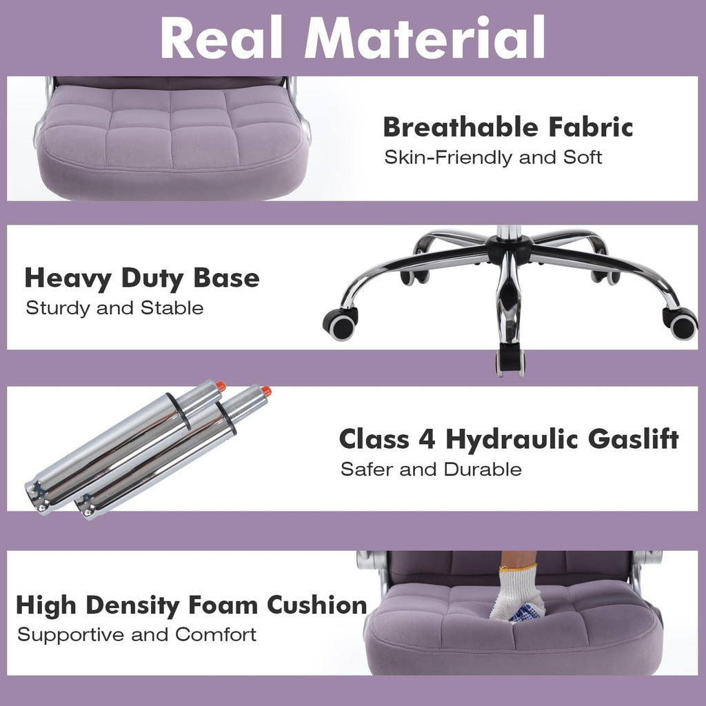 High Back Velvet Office Chair Purple, Comfy Home Executive Desk Chairs with Flip-Up Arms, Fabric Ergonomic Chairs with Lumbar Support, Stylish Computer Swivel Chair with Wheels for Women