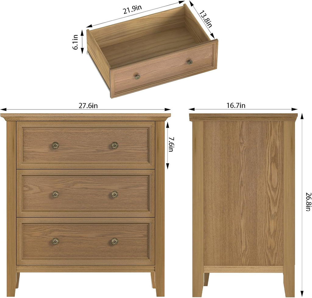 IKENO Solid Wood Nightstand Set of 2，Bed Side Table with Charging Station, Farmhouse Night Stand with 3 Storage Drawers for Bedroom, 27.6" W x 16.8" D x 26.8" H, Teak