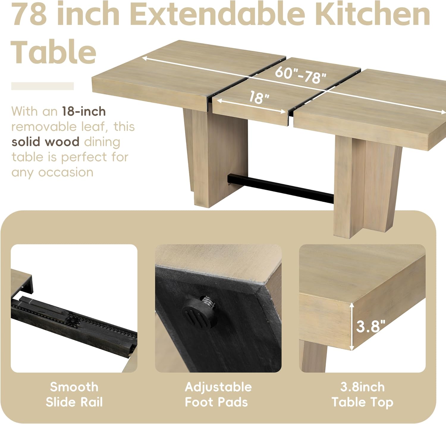 LUMISOL Farmhouse Dining Table Set for 6, Extendable Kitchen Table Set with Bench and 4 Upholstered Chairs, 3.8inch Thick Tabletop and Trestle Legs for Kitchen, Dining Room, Natural+Beige