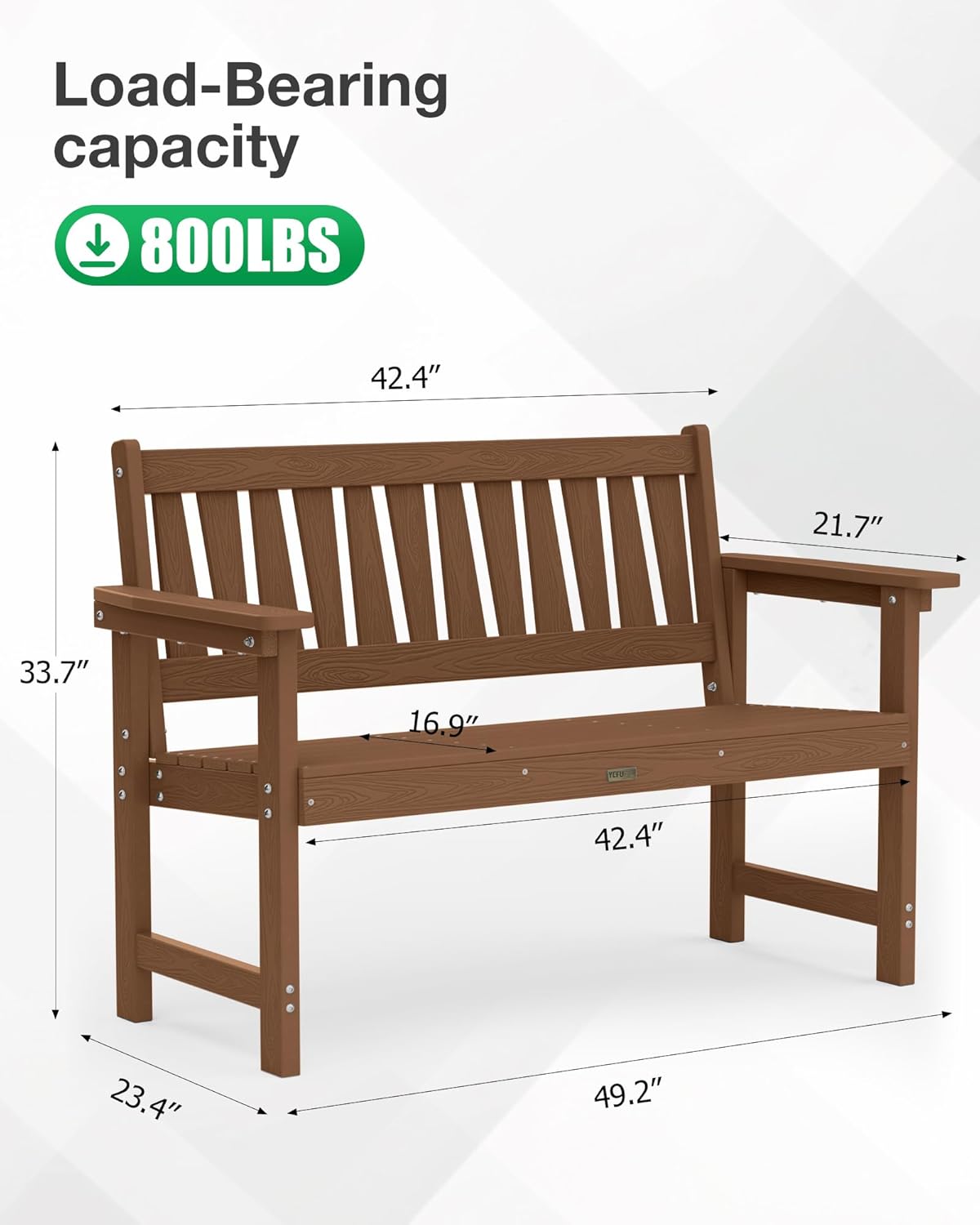 YEFU Outdoor Bench for Patio Waterproof: Heavy Duty 2-Person Garden Bench Set of 2 with Comfortable Seating - HIPS Weatherproof Patio Benches for Indoor Outside Front Porch Backyard Park, Teak
