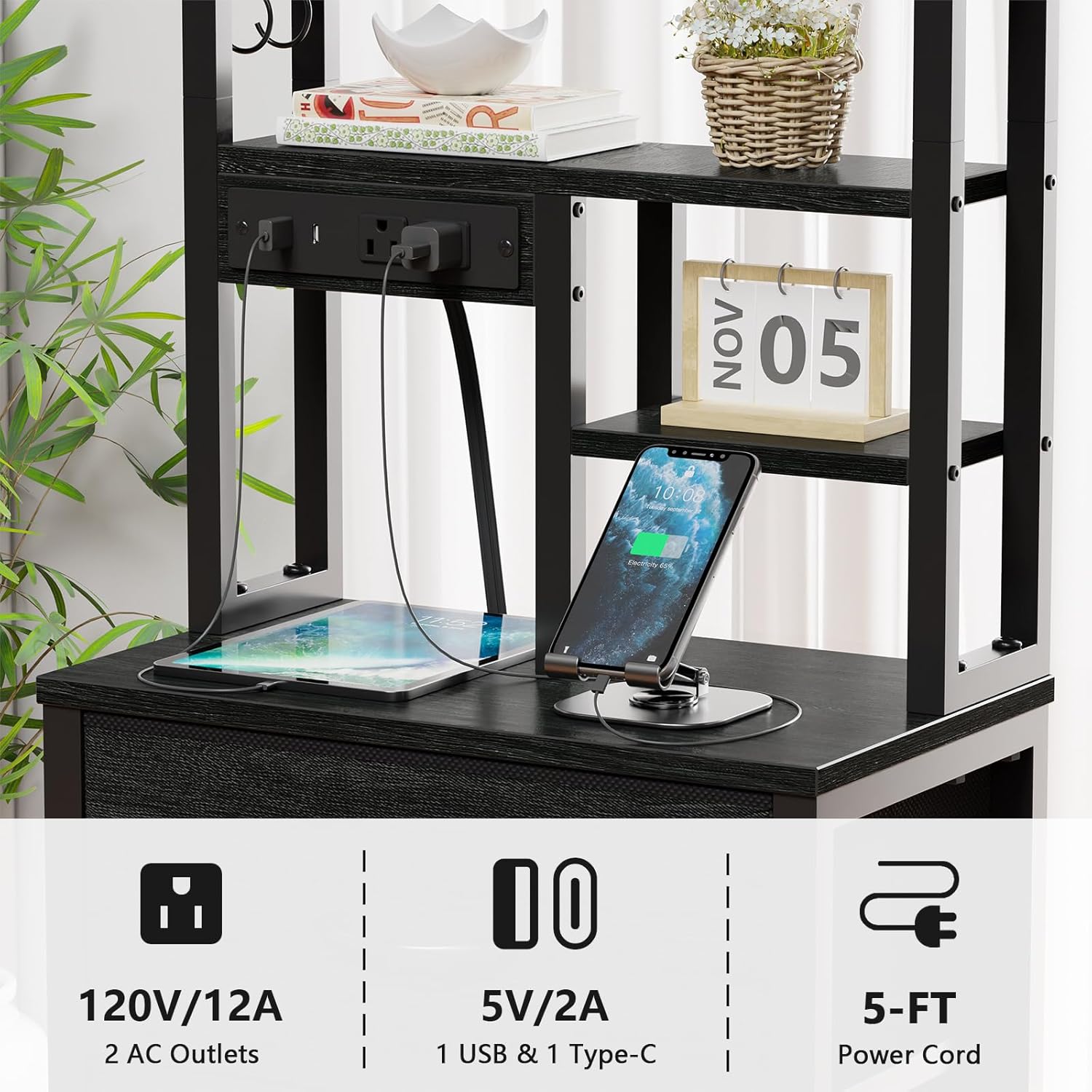 Furnulem Black Nightstands Set of 2, Tall Night Stand with Charger Station | 3 Fabric Drawers and Led Lights, USB Ports & type-C, 4-Tier Storage Shelves, Tall Bed Side Table for Bedroom/Dorm/Office