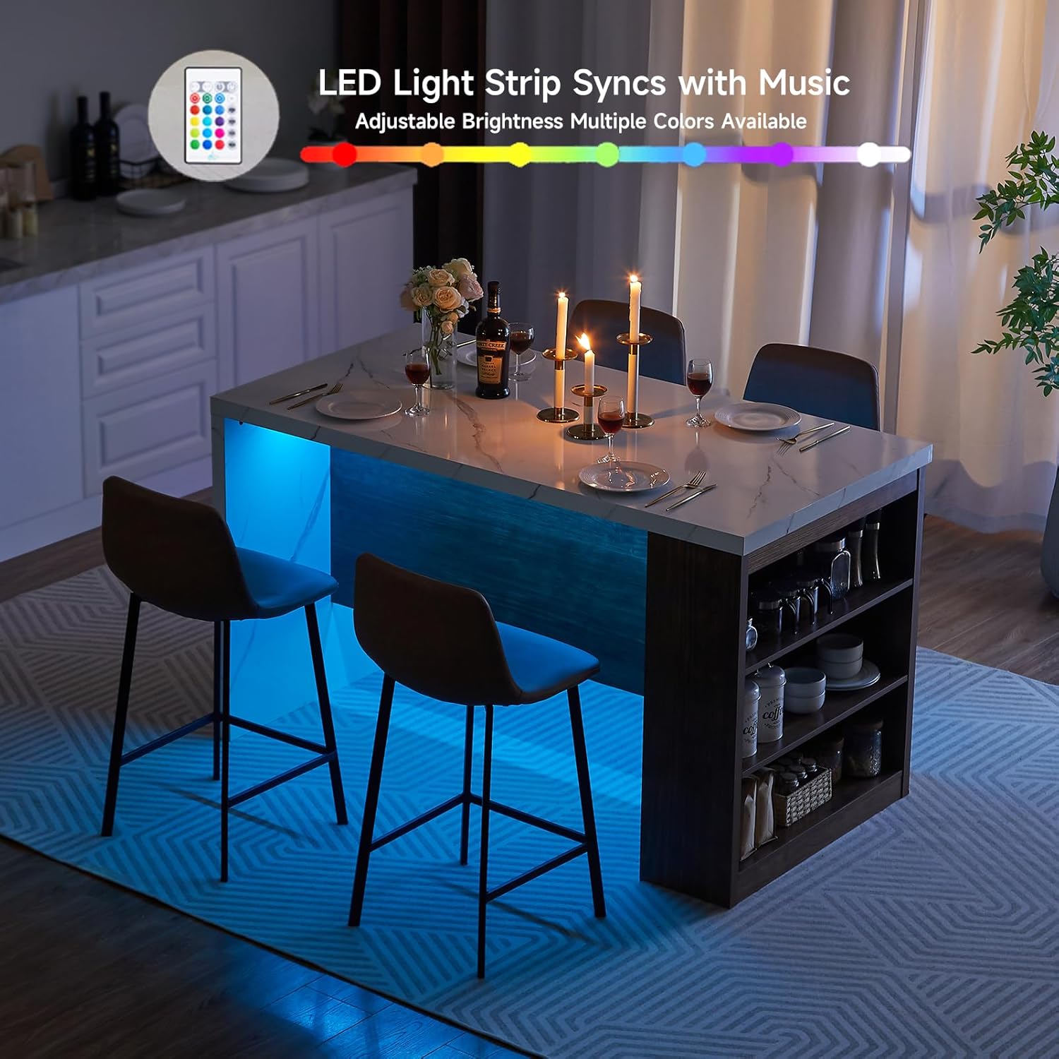 ONBRILL 61 x 31 Inch Whole Board of Tabletop Kitchen Island Table with Storage Space, Power Outlet & LED Lights, Modern Imitation Marble Large Counter Height Dining Table for 4 (White)