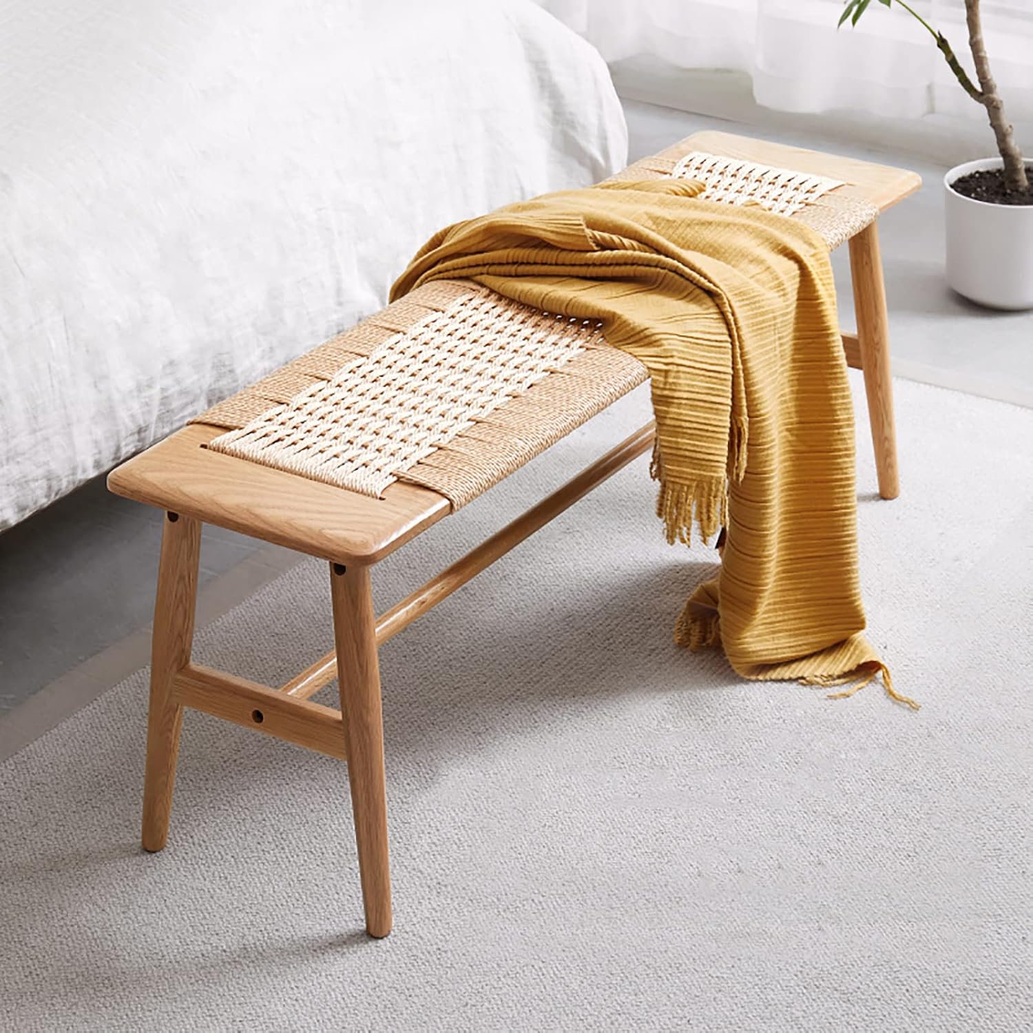 Wood Dining Bench,100% Natural Solid Oak with Rattan Design, Rounded Edge, Entryway Bench for Dining,Bedroom, Living Room (Beige Color, 31.49 inch)