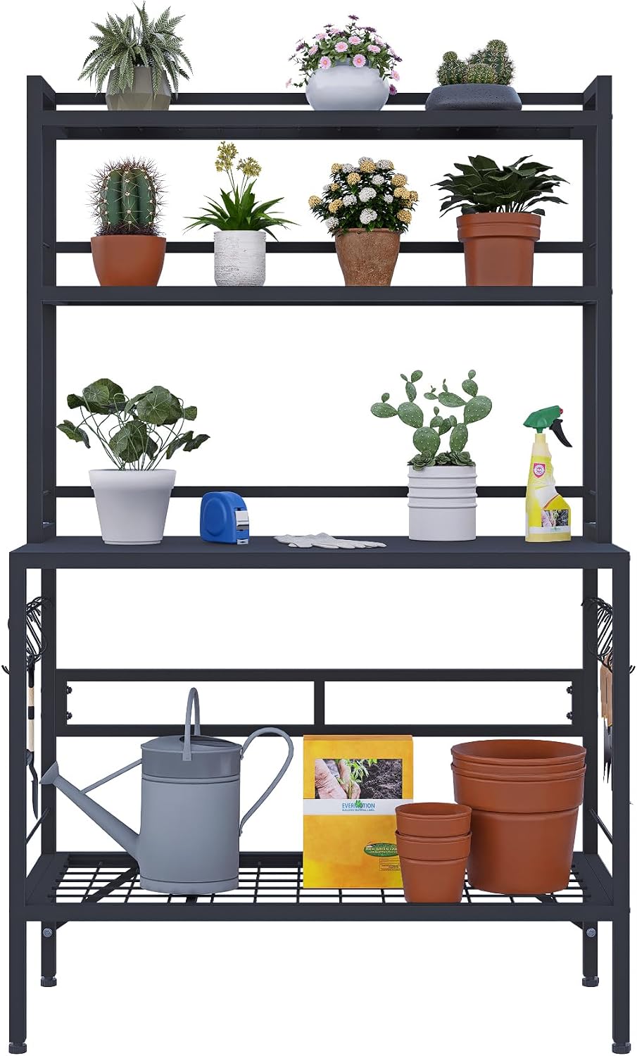 Outdoor Potting Bench Table with Storage, 63" Tall Metal Garden Workstation, 4-Tier Plant Stand Shelves with 8 Hooks, Heavy Duty All-Weather Potting Table for Patio, Backyard, Balcony, Gray